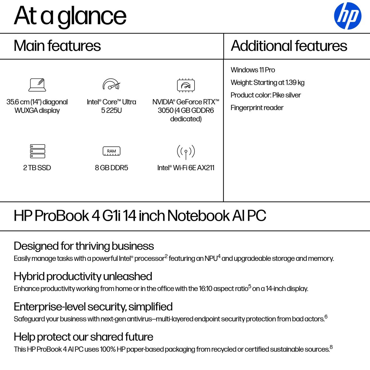 HP ProBook 4 G1i AI Intel Core Ultra 5 225U Laptop 35.6 cm (14") WUXGA 8 GB DDR5-SDRAM 256 GB SSD Wi-Fi 6E (802.11ax) Windows 11 Pro AI PC Silver - Image 3