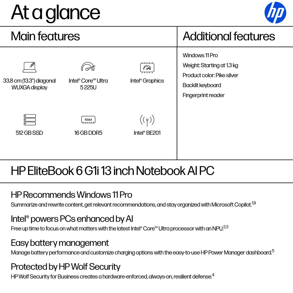 HP EliteBook 6 G1i AI PC Intel Core Ultra 5 225U Laptop 33.8 cm (13.3") WUXGA 16 GB DDR5-SDRAM 512 GB SSD Wi-Fi 7 (802.11be) Windows 11 Pro Silver - Image 4