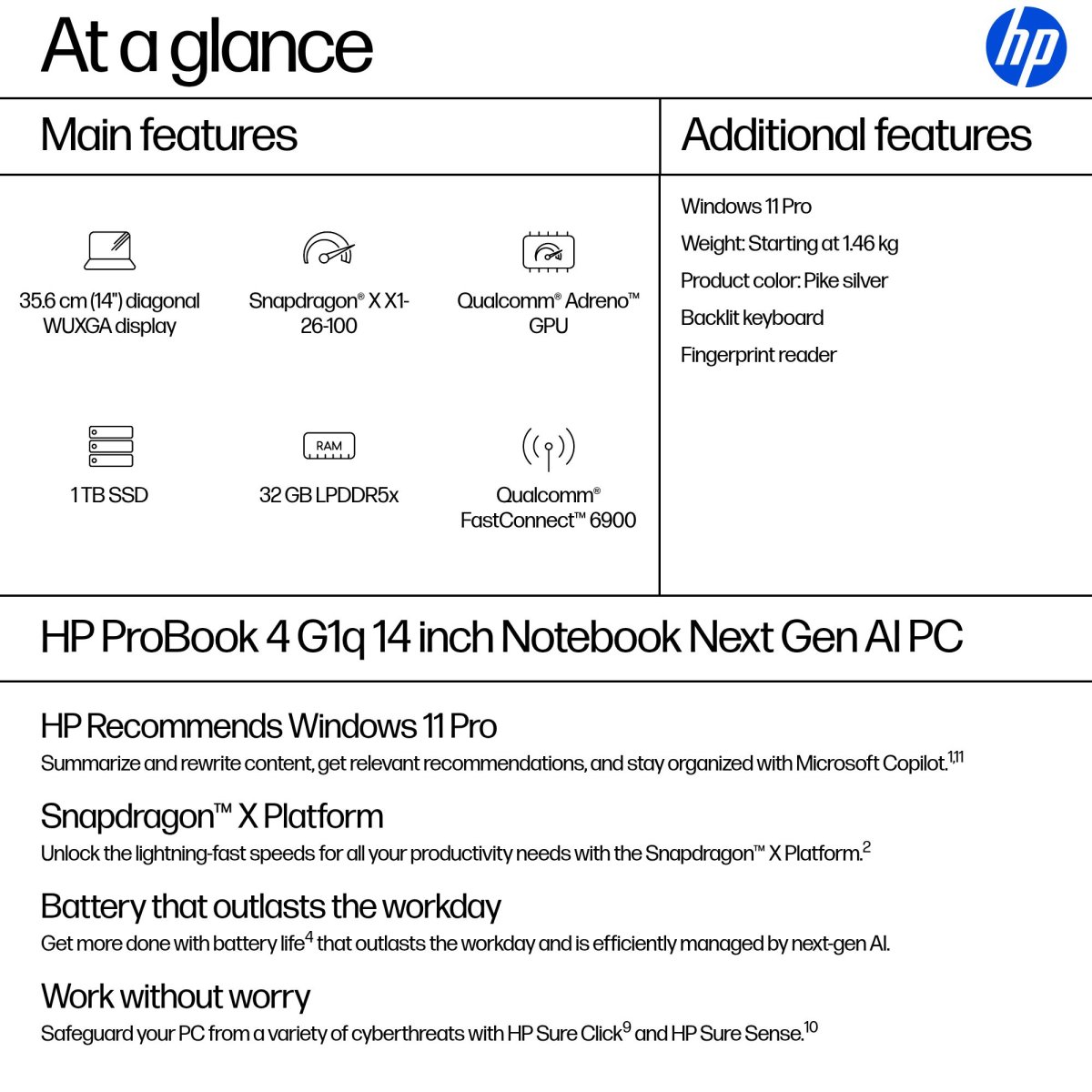 HP ProBook 4 G1q Next Gen AI PC Copilot+ PC Snapdragon X1-26-100 Laptop 35.6 cm (14") WUXGA 32 GB LPDDR5x-SDRAM 1 TB SSD Wi-Fi 6E (802.11ax) Windows 11 Pro Silver - Image 3