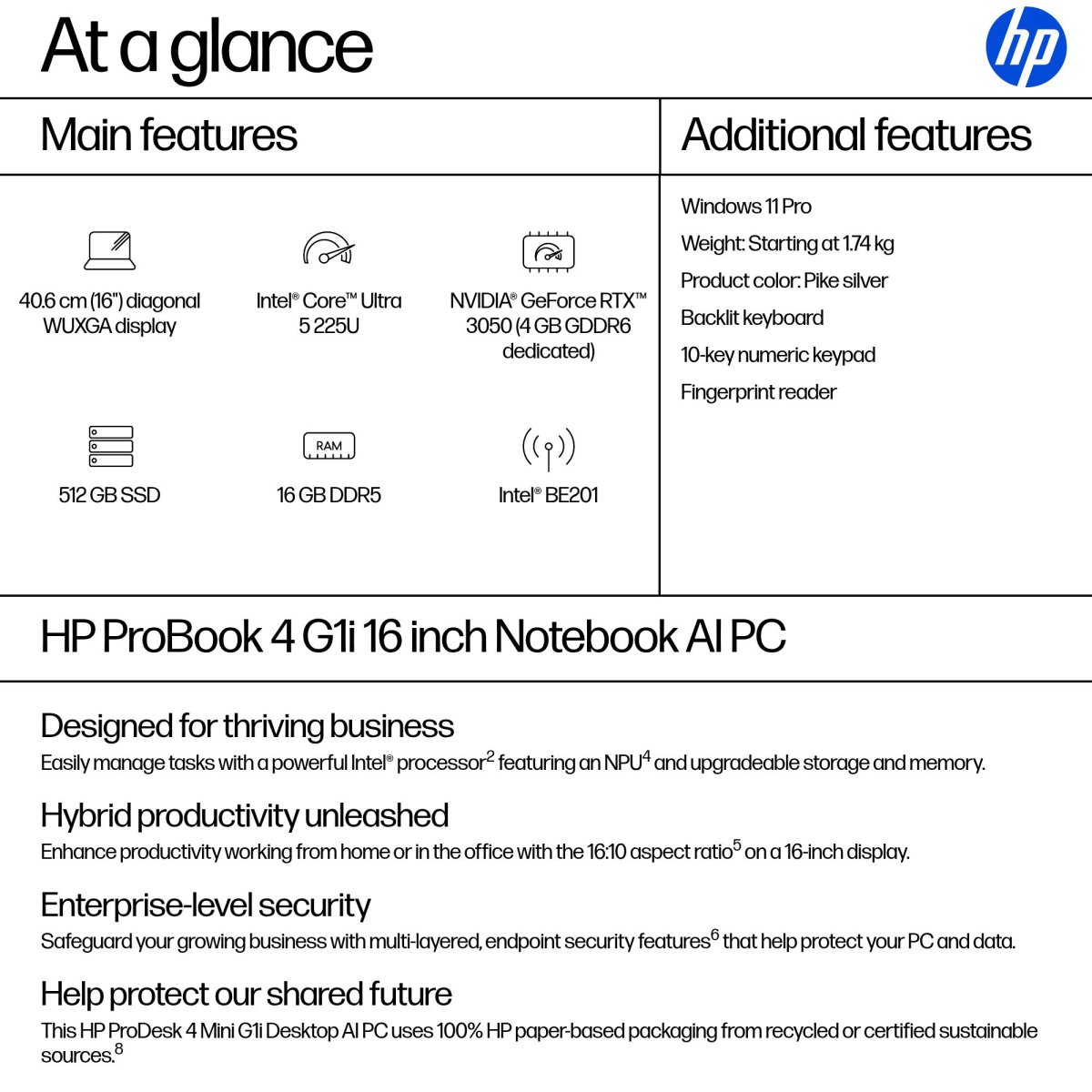 HP ProBook 4 G1i 16 Intel Core Ultra 5 225U Laptop 40.6 cm (16") WUXGA 16 GB DDR5-SDRAM 512 GB SSD Wi-Fi 7 (802.11be) Windows 11 Pro AI PC Silver - Image 4