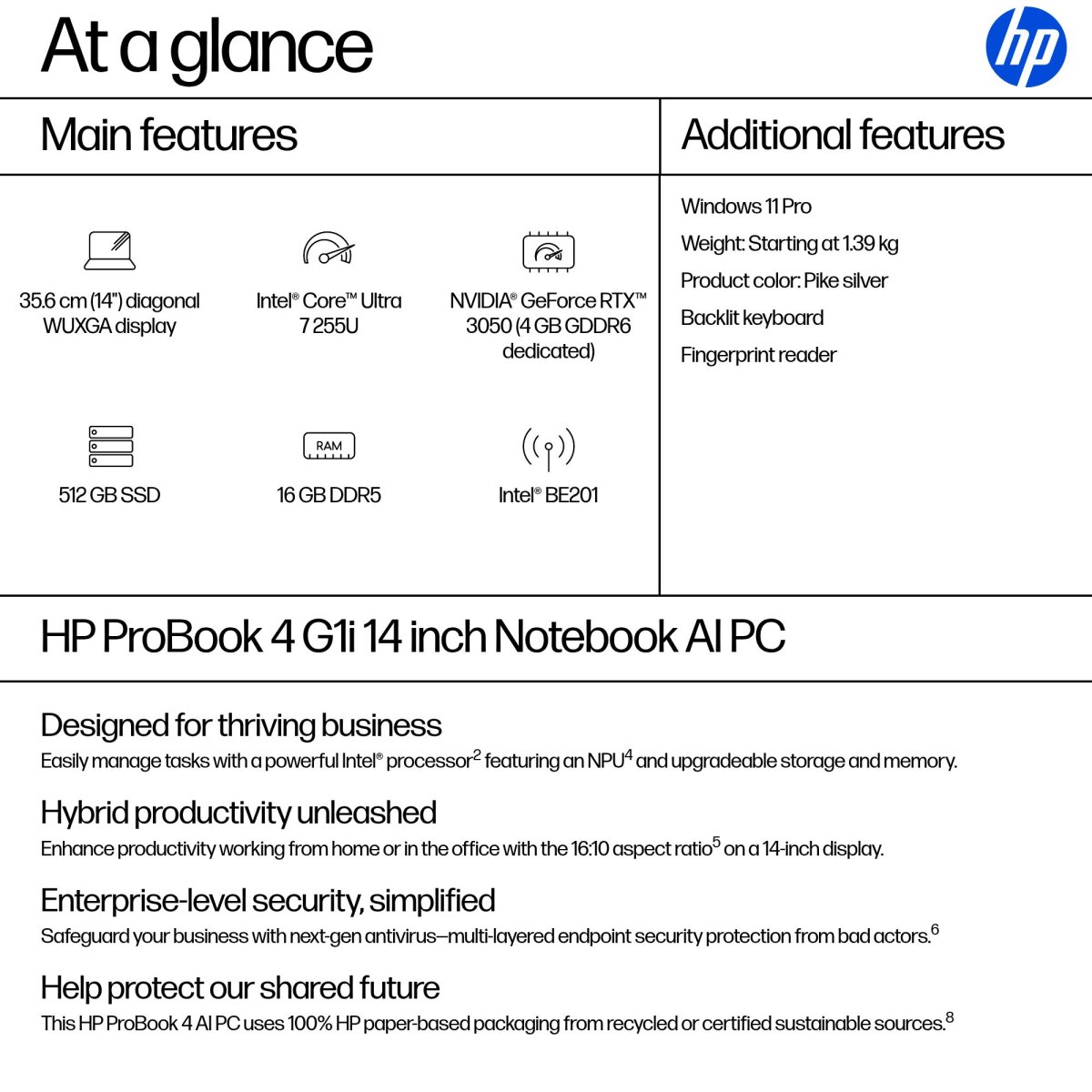 HP ProBook 4 G1i AI Intel Core Ultra 7 255U Laptop 35.6 cm (14") WUXGA 16 GB DDR5-SDRAM 512 GB SSD Wi-Fi 7 (802.11be) Windows 11 Pro AI PC Silver - Image 3